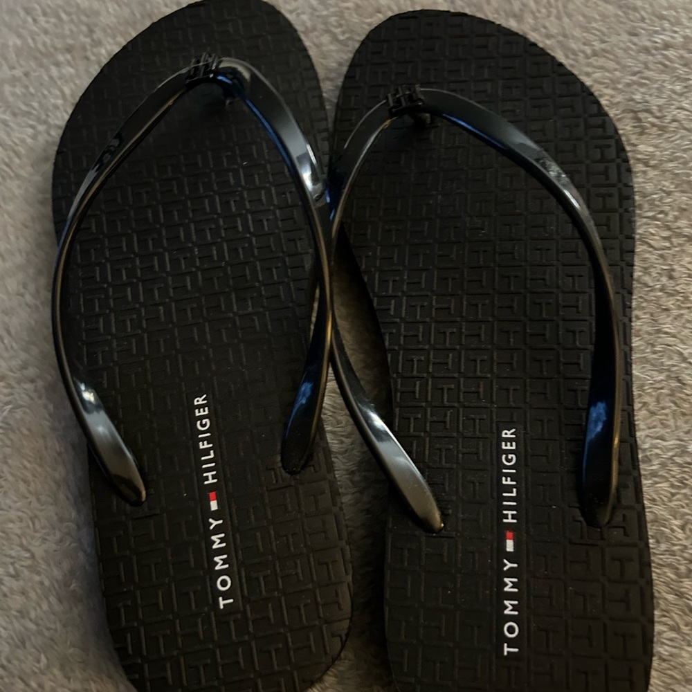 Tommy Hilfiger Black Logo Flip Flops with Gloss Straps